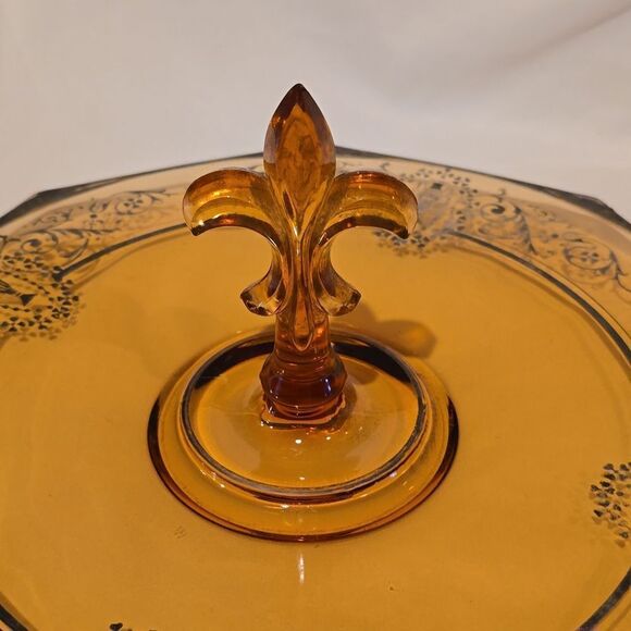 CAMBRIDGE AMBER GLASS Serving Sandwich Tray!  Art Deco Design,Sterling Etching! - Picture 2 of 9